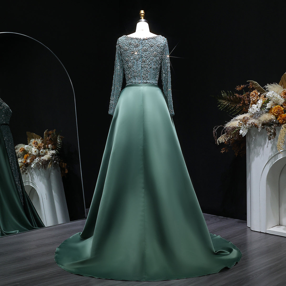 Luxury Green Beaded Long Sleeve Evening Dress with Overskirt SS119 