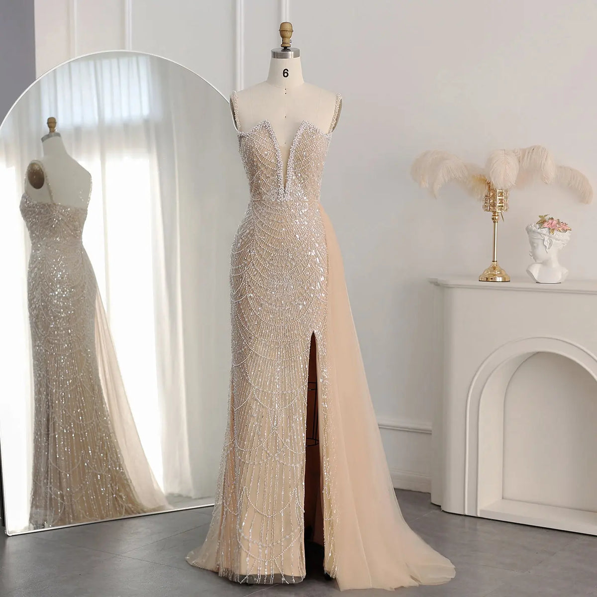 Luxury Nude Spaghetti Evening Dress with Overskirt SS611 
