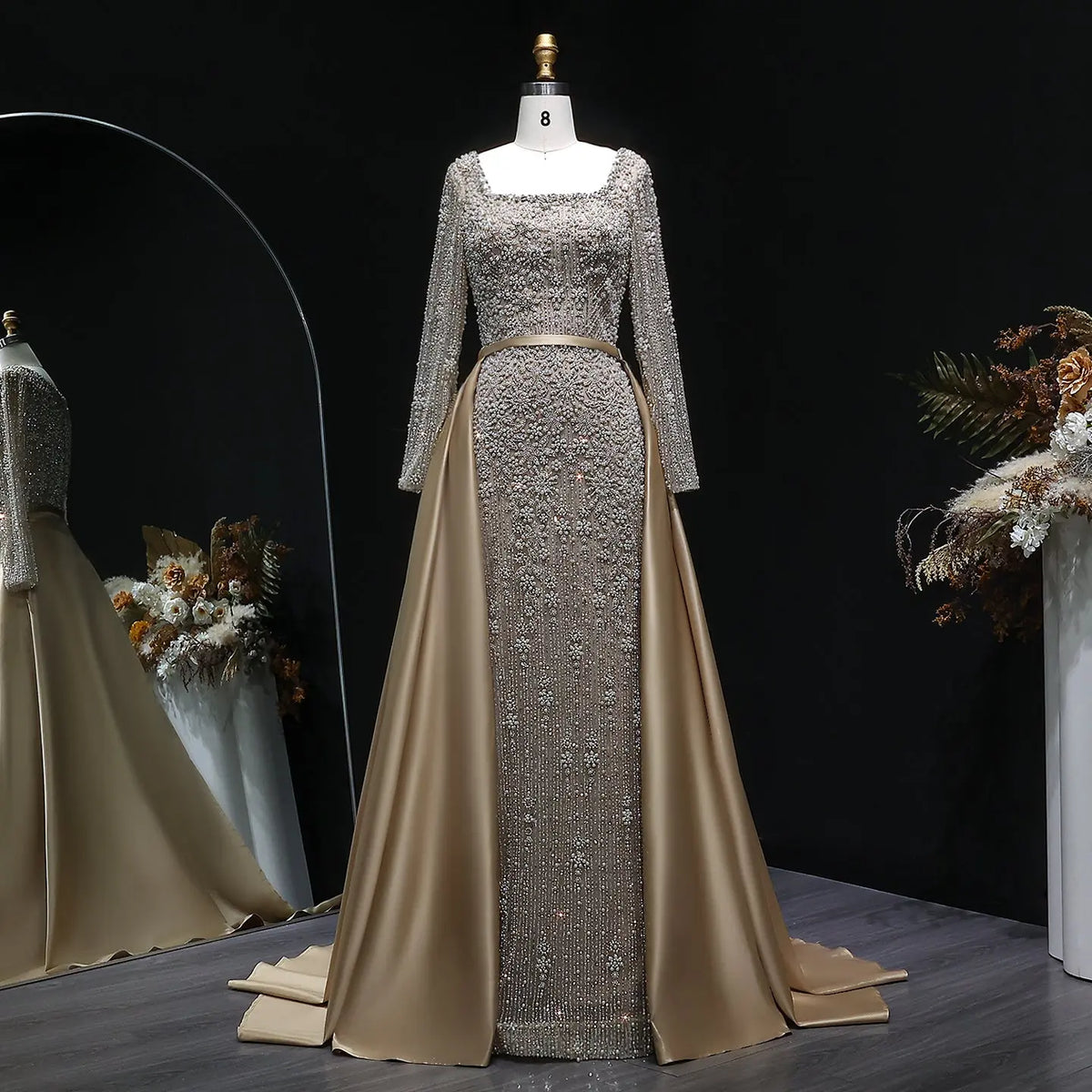Luxury Green Beaded Long Sleeve Evening Dress with Overskirt SS119 Luxury Green Beaded Long Sleeve Evening Dress with Overskirt SS119