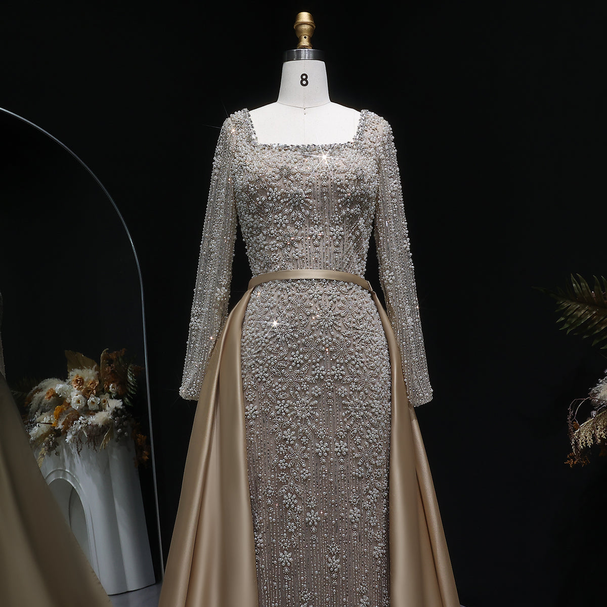 Luxury Green Beaded Long Sleeve Evening Dress with Overskirt SS119 