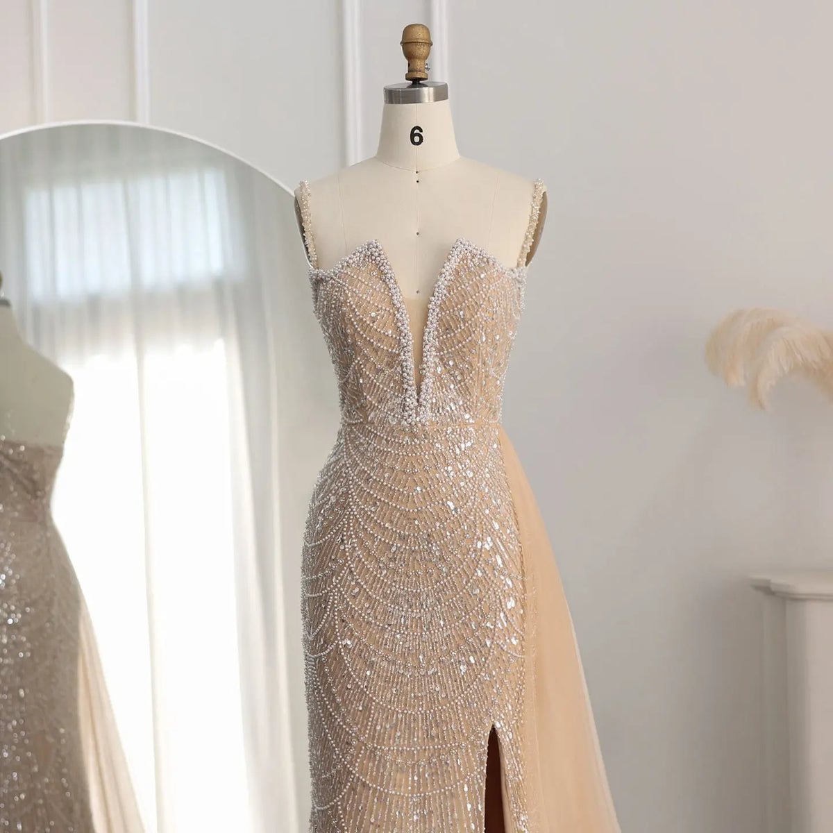 Luxury Nude Spaghetti Evening Dress with Overskirt SS611 