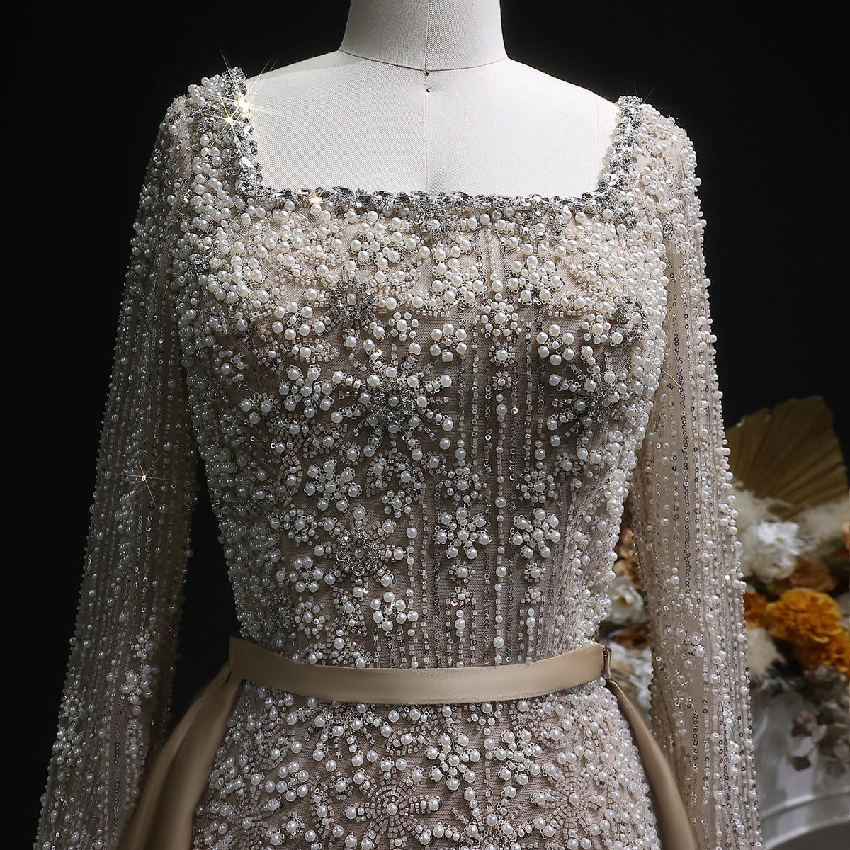 Luxury Green Beaded Long Sleeve Evening Dress with Overskirt SS119 