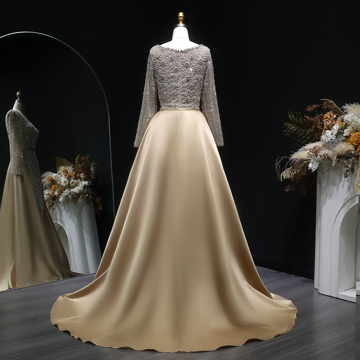 Luxury Green Beaded Long Sleeve Evening Dress with Overskirt SS119 