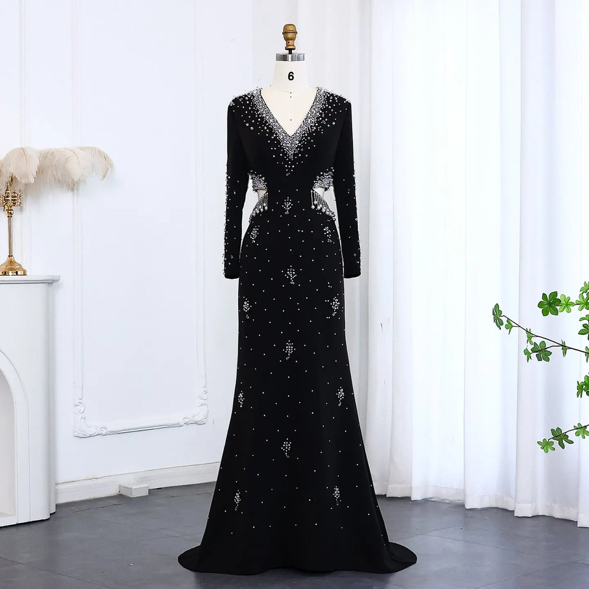 Elegant Black Pearl-Embellished Long Sleeve Prom Dress XD019 Black / 12 Elegant Black Pearl-Embellished Long Sleeve Prom Dress XD019 Black / 12