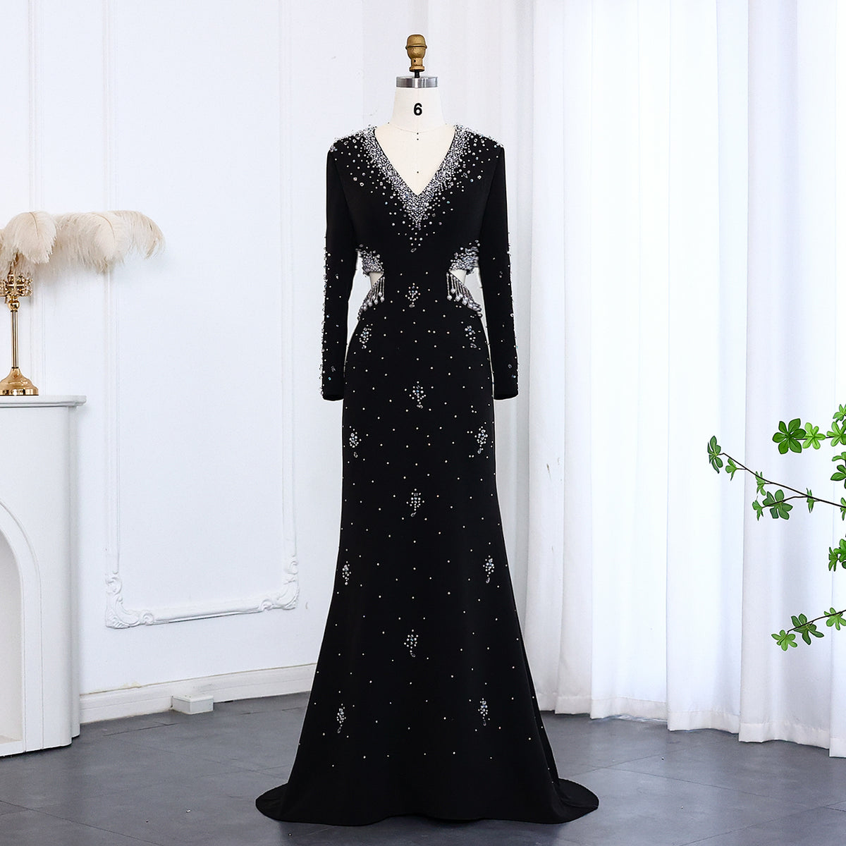 Luxury Black Pearl Beaded Long Sleeve Evening Dress XD019 