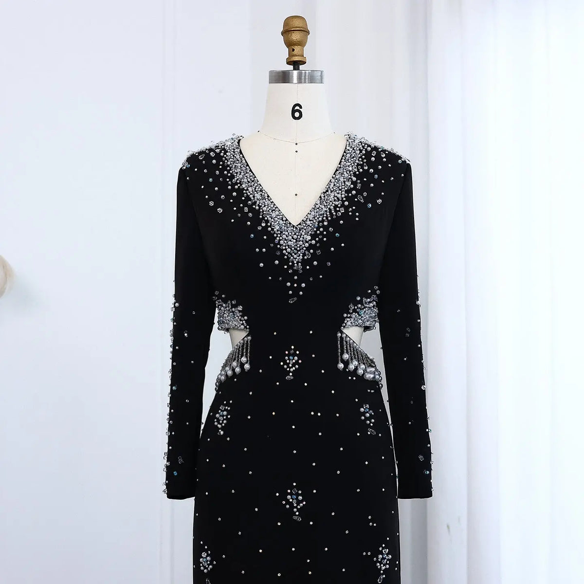Elegant Black Pearl-Embellished Long Sleeve Prom Dress XD019 Black / 12 Elegant Black Pearl-Embellished Long Sleeve Prom Dress XD019 Black / 12