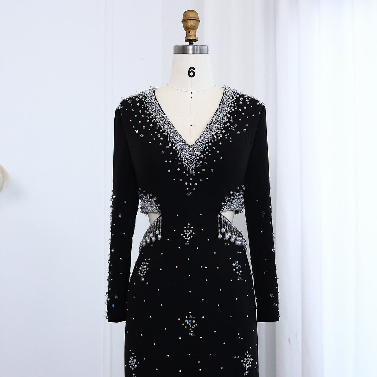 Luxury Black Pearl Beaded Long Sleeve Evening Dress XD019 