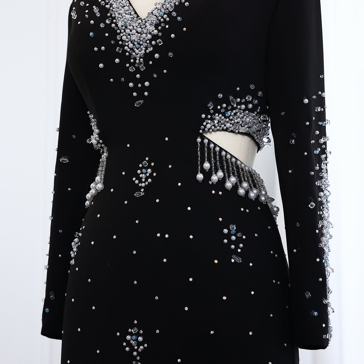 Luxury Black Pearl Beaded Long Sleeve Evening Dress XD019 