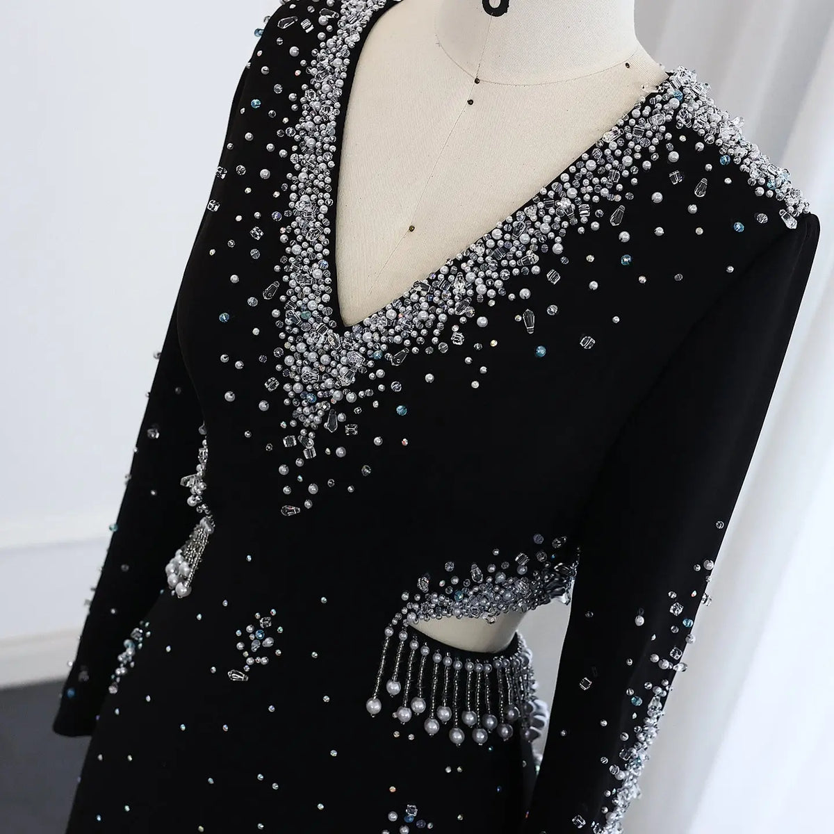 Elegant Black Pearl-Embellished Long Sleeve Prom Dress XD019 Black / 12 Elegant Black Pearl-Embellished Long Sleeve Prom Dress XD019 Black / 12