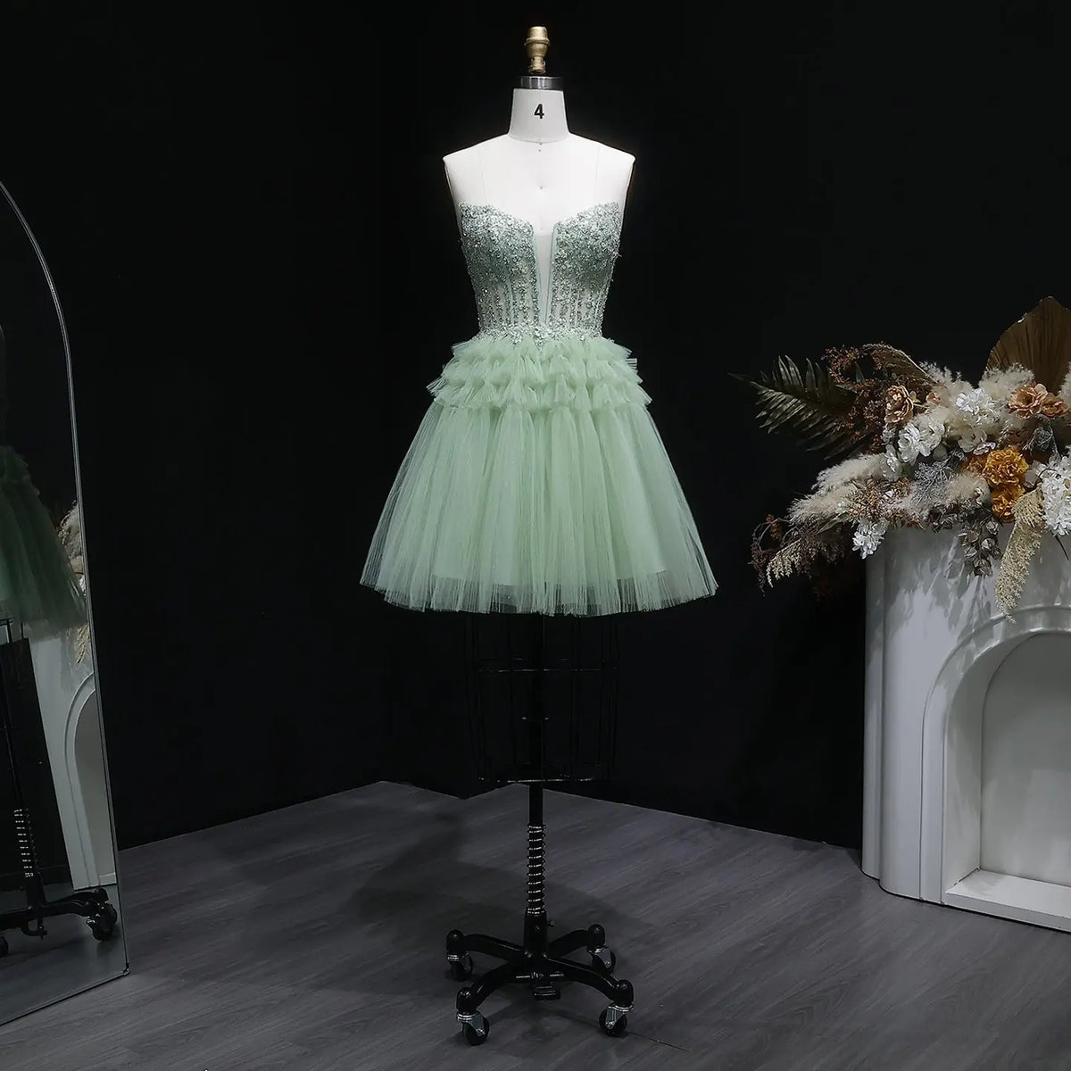 Elegant Mint Green Strapless Deep V Rhinestone A-Line Homecoming Dress RM137