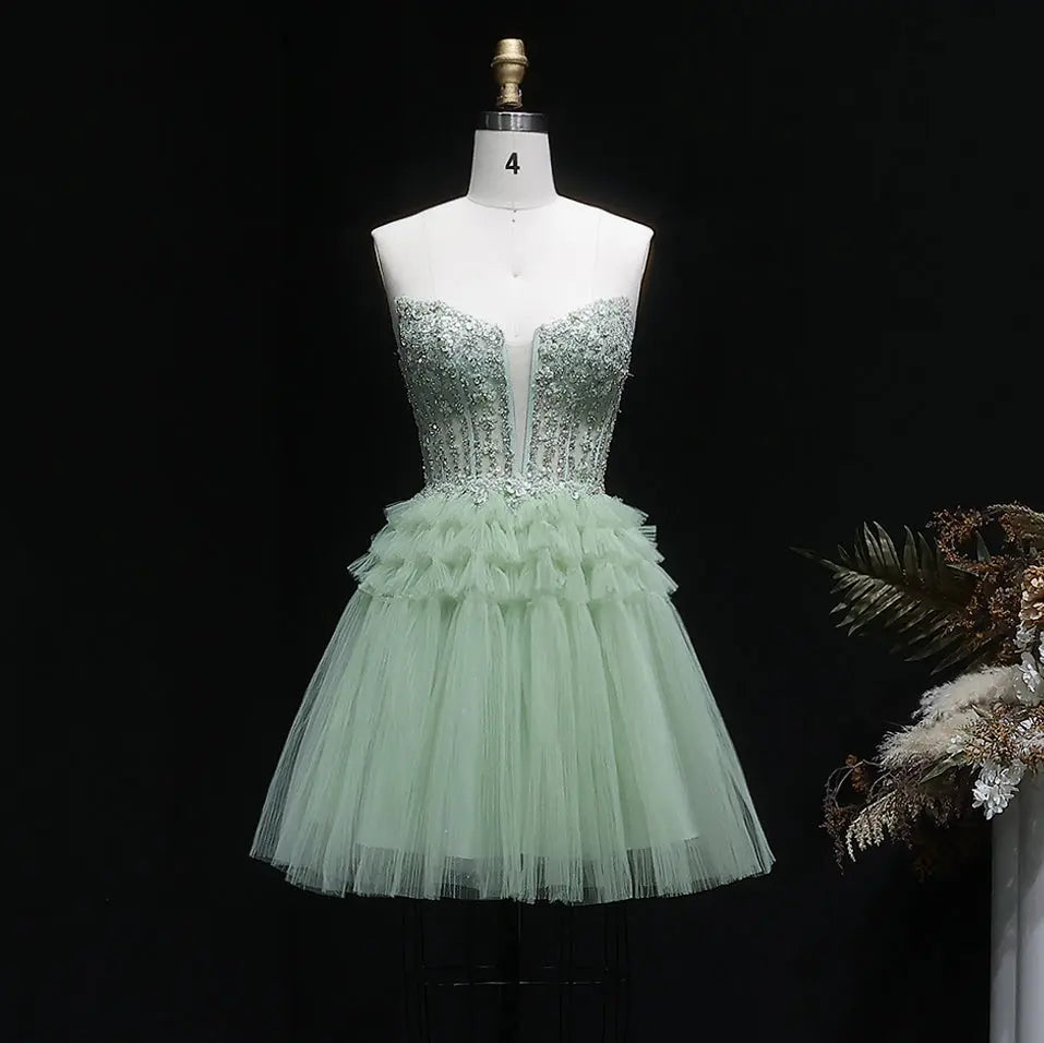 Elegant Green Strapless Deep V Rhinestone A-Line Homecoming Dress RM137