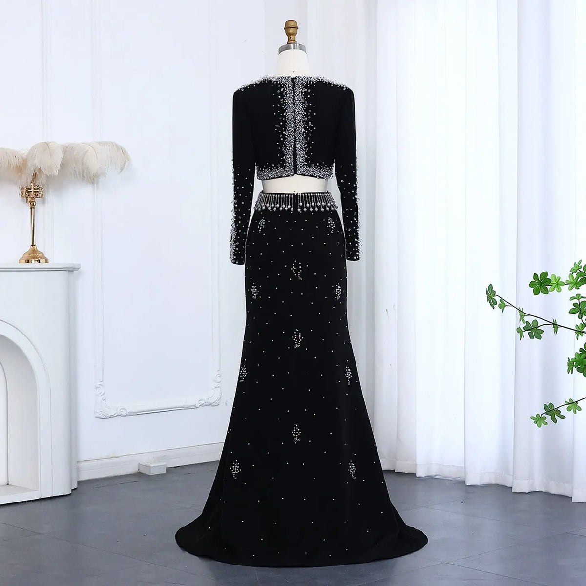 Luxury Black Pearl Beaded Long Sleeve Evening Dress XD019 - SHARONSAID Luxury Black Pearl Beaded Long Sleeve Evening Dress XD019 - SHARONSAID