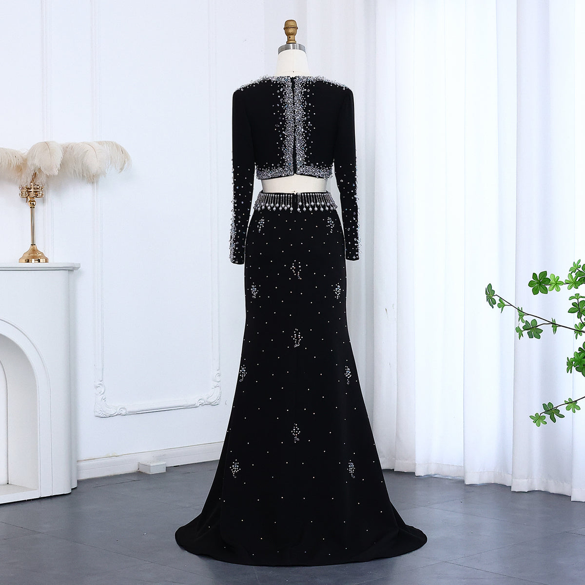 Luxury Black Pearl Beaded Long Sleeve Evening Dress XD019 