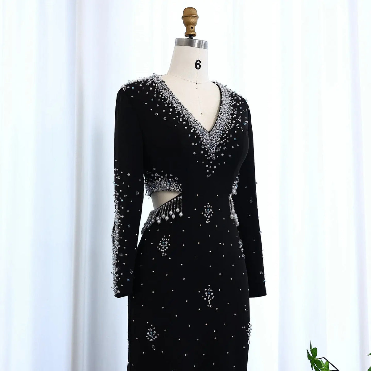 Luxury Black Pearl Beaded Long Sleeve Evening Dress XD019 - SHARONSAID Luxury Black Pearl Beaded Long Sleeve Evening Dress XD019 - SHARONSAID