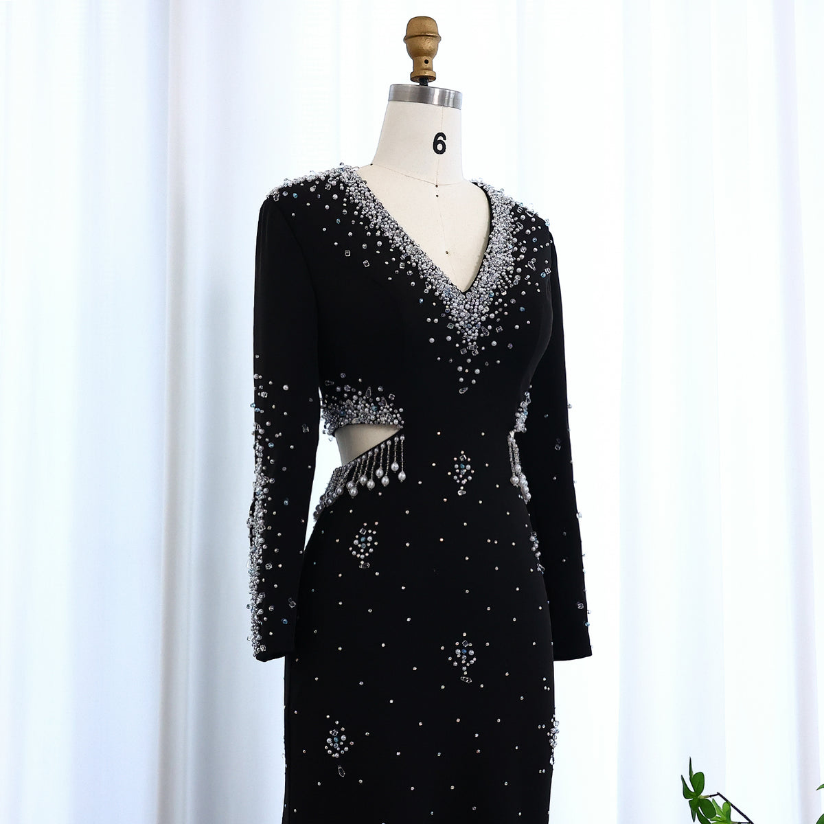 Luxury Black Pearl Beaded Long Sleeve Evening Dress XD019 