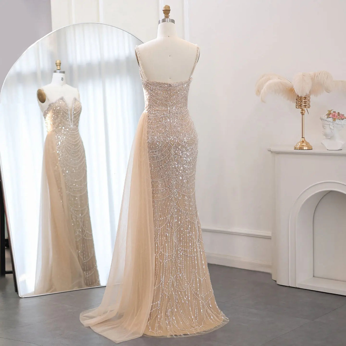 Luxury Nude Spaghetti Evening Dress with Overskirt SS611 