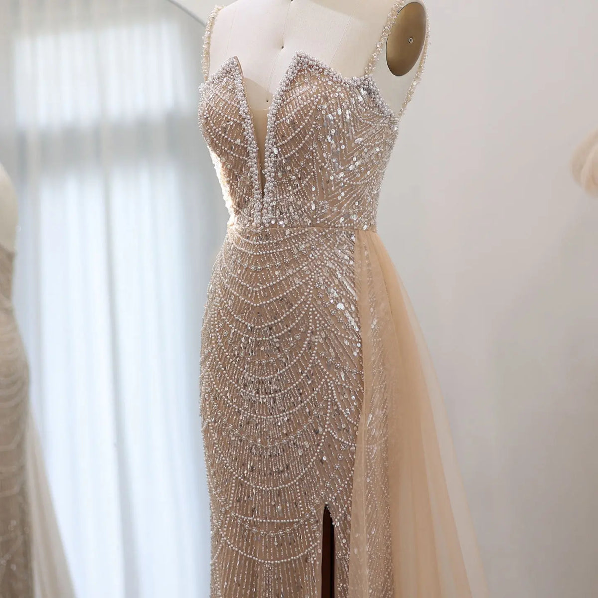 Luxury Nude Spaghetti Evening Dress with Overskirt SS611 