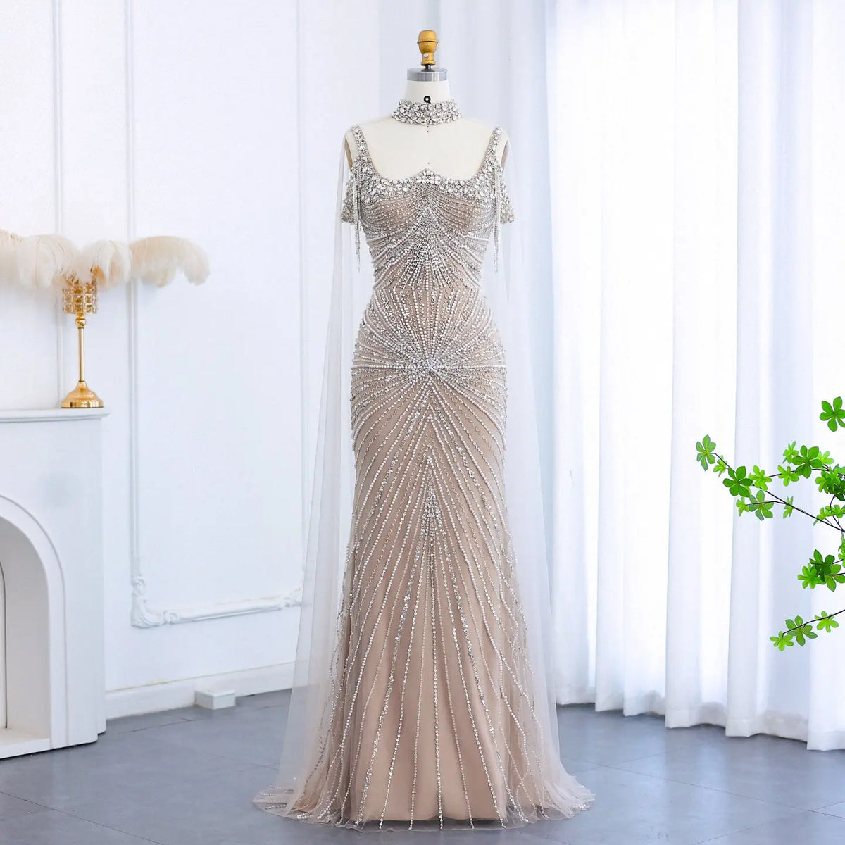 Luxury Tassel Silver Nude Evening Dress with Cape Chocker SS158 - SHARONSAID Luxury Tassel Silver Nude Evening Dress with Cape Chocker SS158 - SHARONSAID