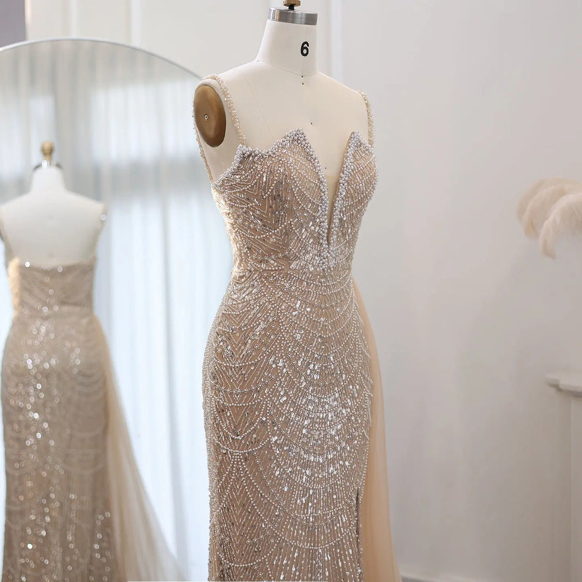 Luxury Nude Spaghetti Evening Dress with Overskirt SS611 