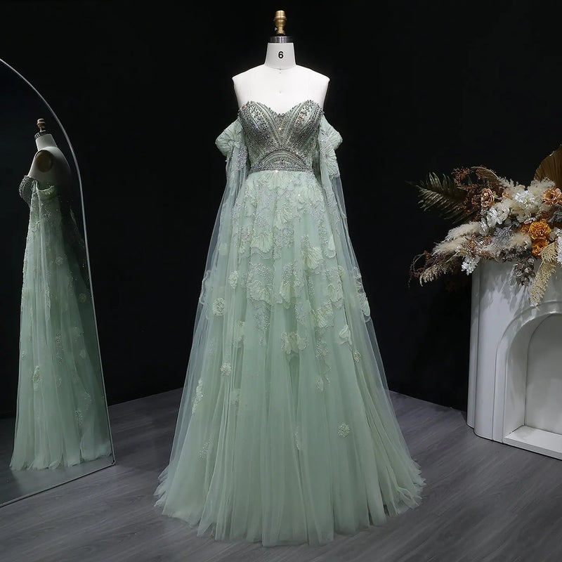 Luxury Sage Green Beaded Off-the-Shoulder Floral Tulle Evening Dress SS754 