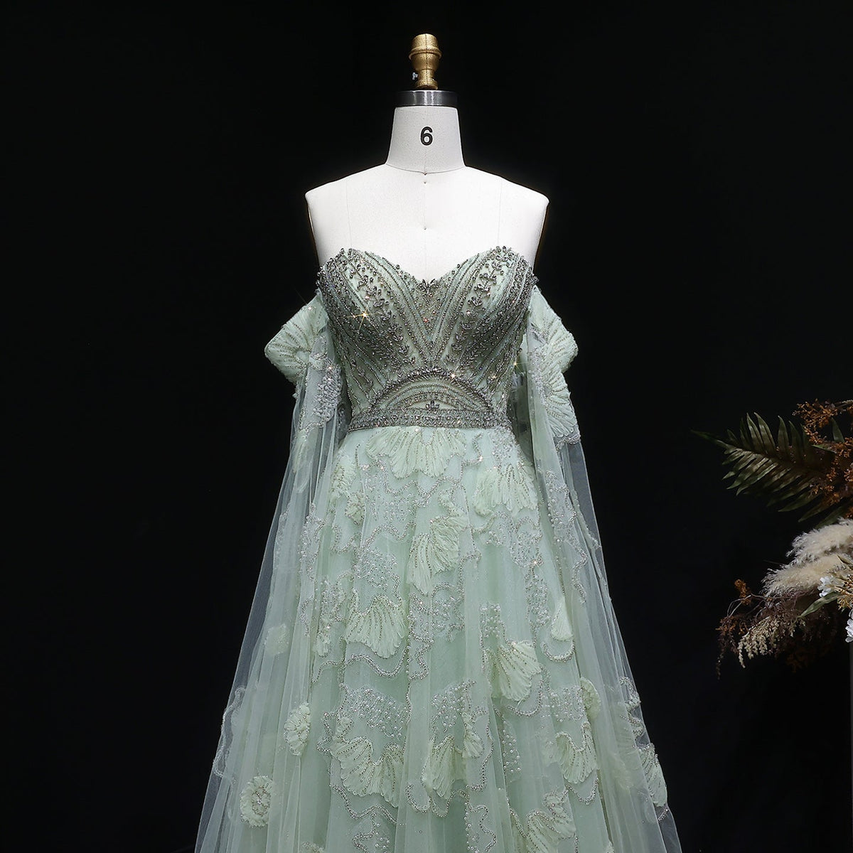 Luxury Sage Green Beaded Off-the-Shoulder Floral Tulle Evening Dress SS754 