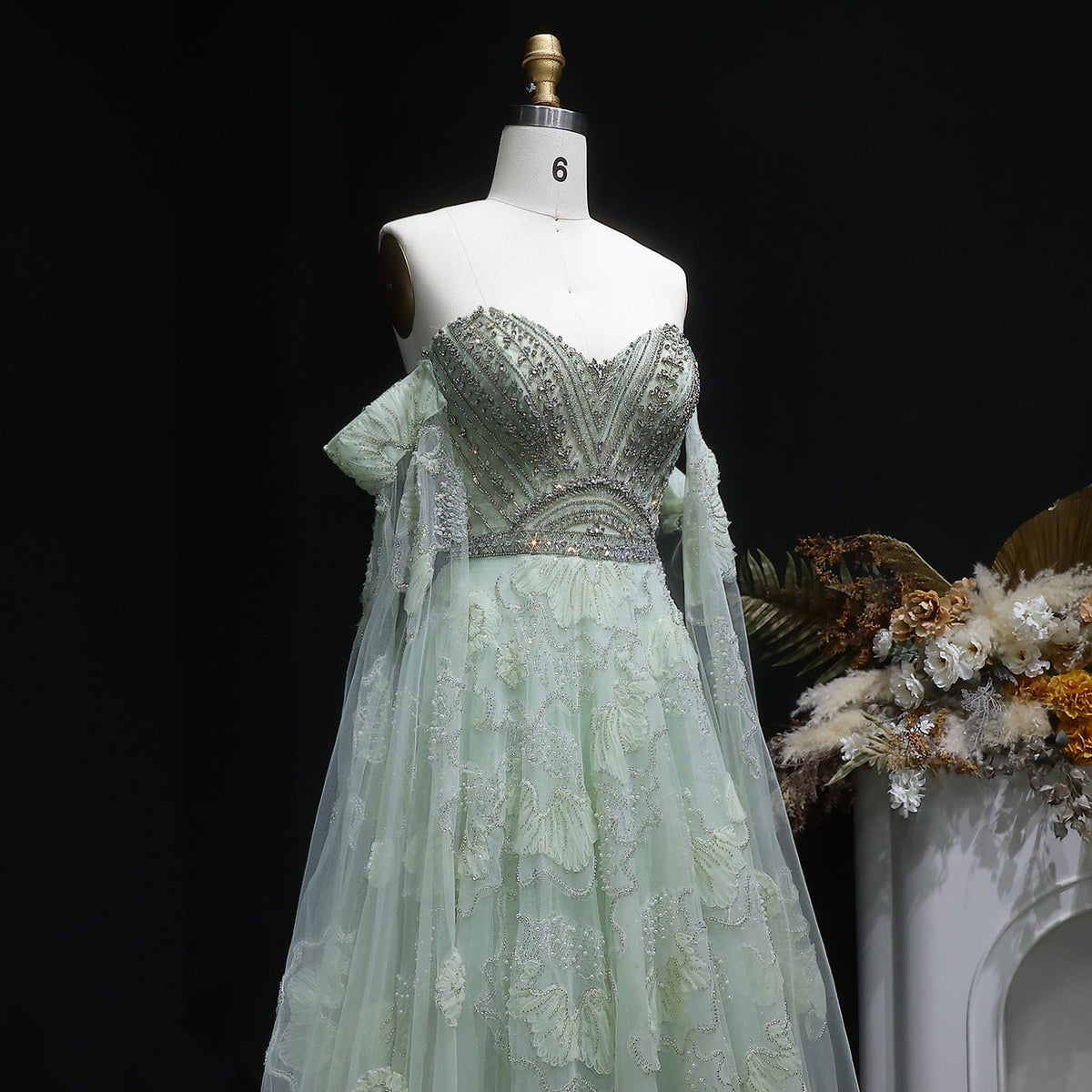 Luxury Sage Green Beaded Off-the-Shoulder Floral Tulle Evening Dress SS754 