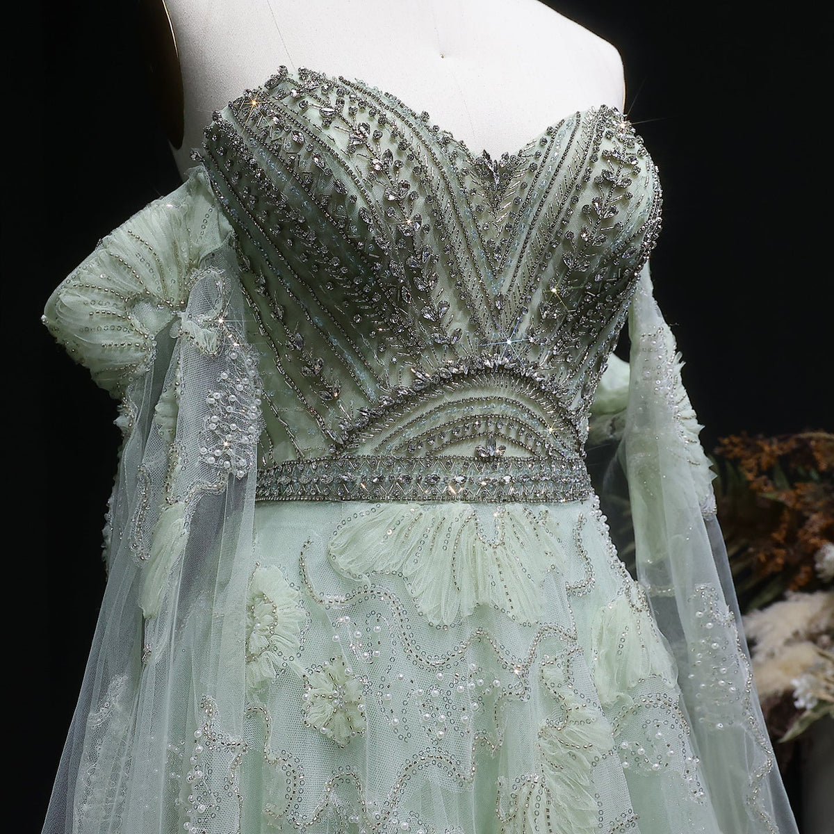 Luxury Sage Green Beaded Off-the-Shoulder Floral Tulle Evening Dress SS754 