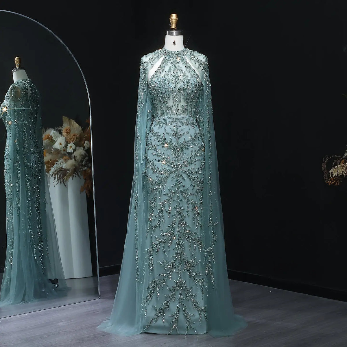 Luxury Beaded Turquoise Evening Dress with Cape Sleeves SS161 Luxury Beaded Turquoise Evening Dress with Cape Sleeves SS161