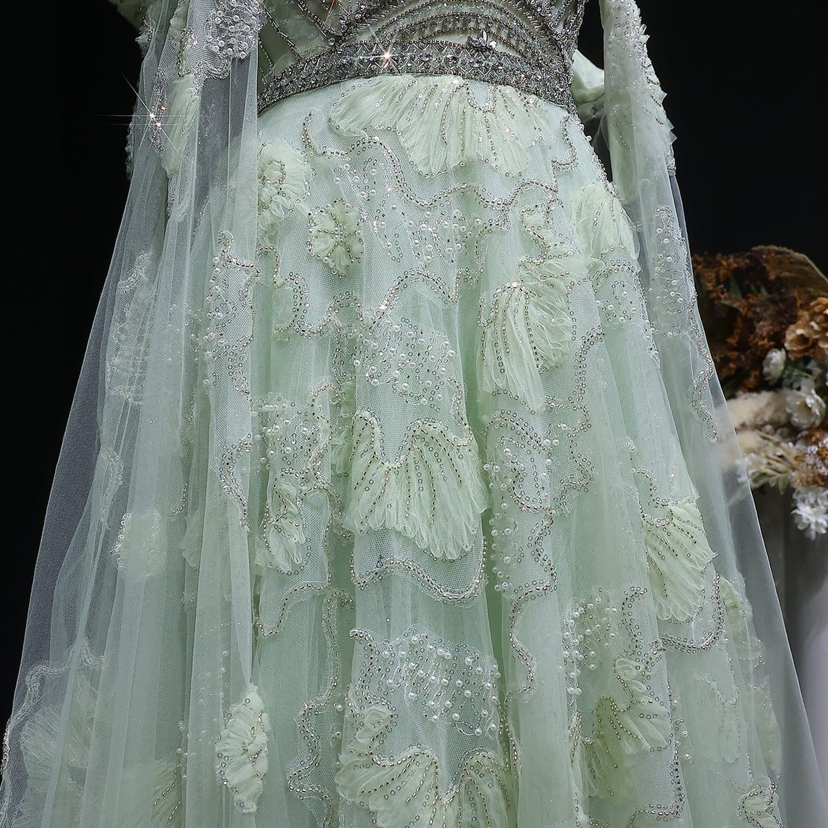 Luxury Sage Green Beaded Off-the-Shoulder Floral Tulle Evening Dress SS754 