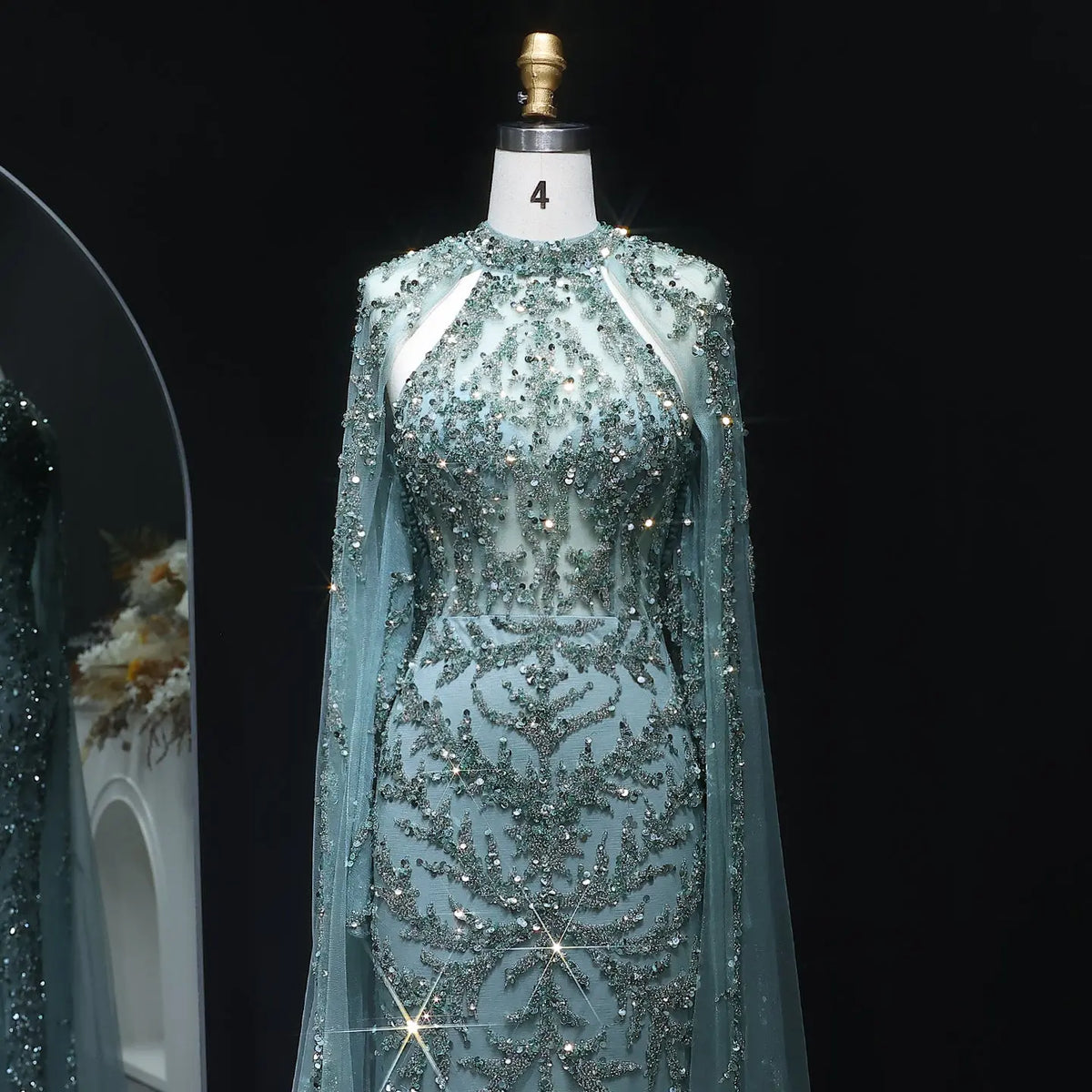 Luxury Beaded Turquoise Evening Dress with Cape Sleeves SS161 