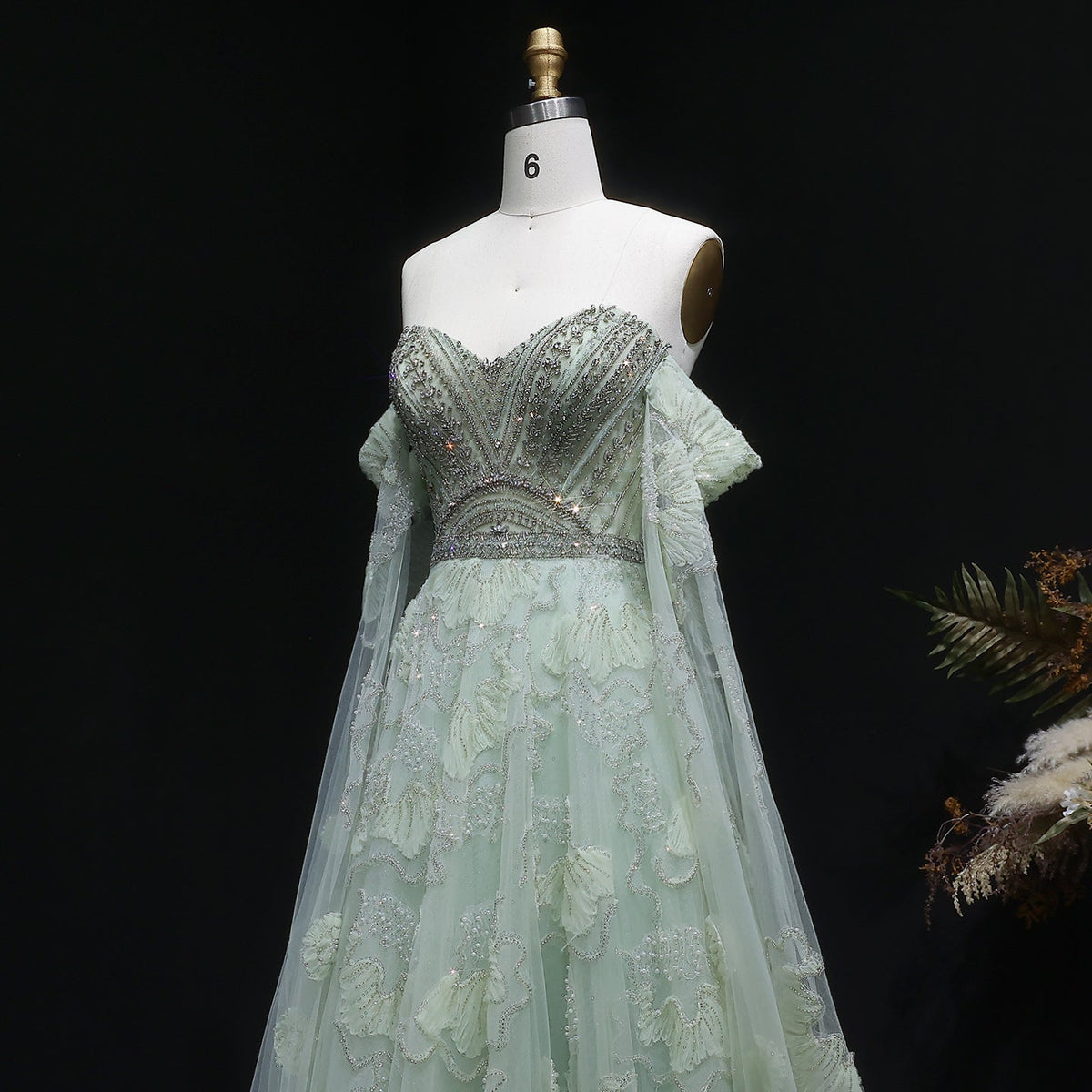 Luxury Sage Green Beaded Off-the-Shoulder Floral Tulle Evening Dress SS754 