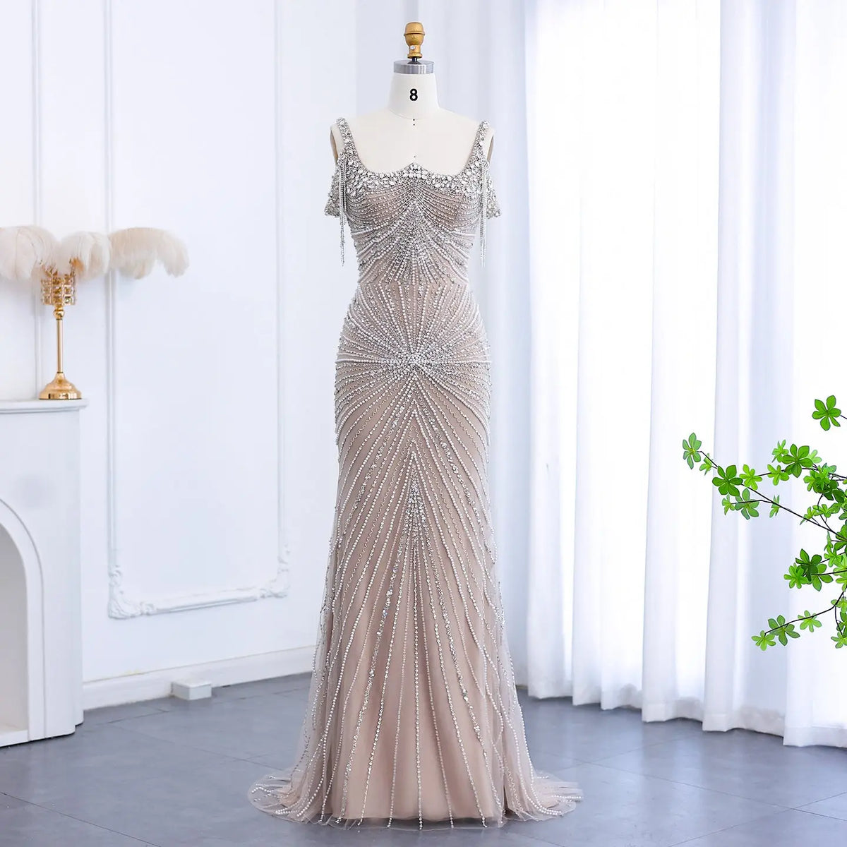 silver tassel dress Luxury Tassel Silver Nude Evening Dress with Cape Chocker SS158