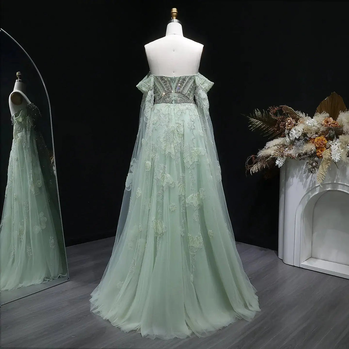 beaded sage green dress Sage Green Tulle A-line Spaghetti Straps Beaded Prom Dress, Party Dress, MP945
