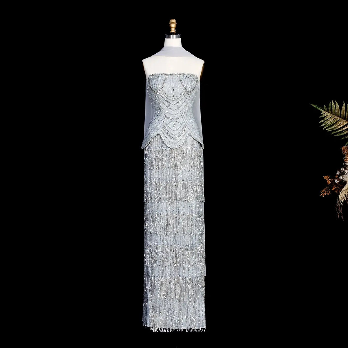 Gray Beaded Fringe Floor Length Evening Dress SS255