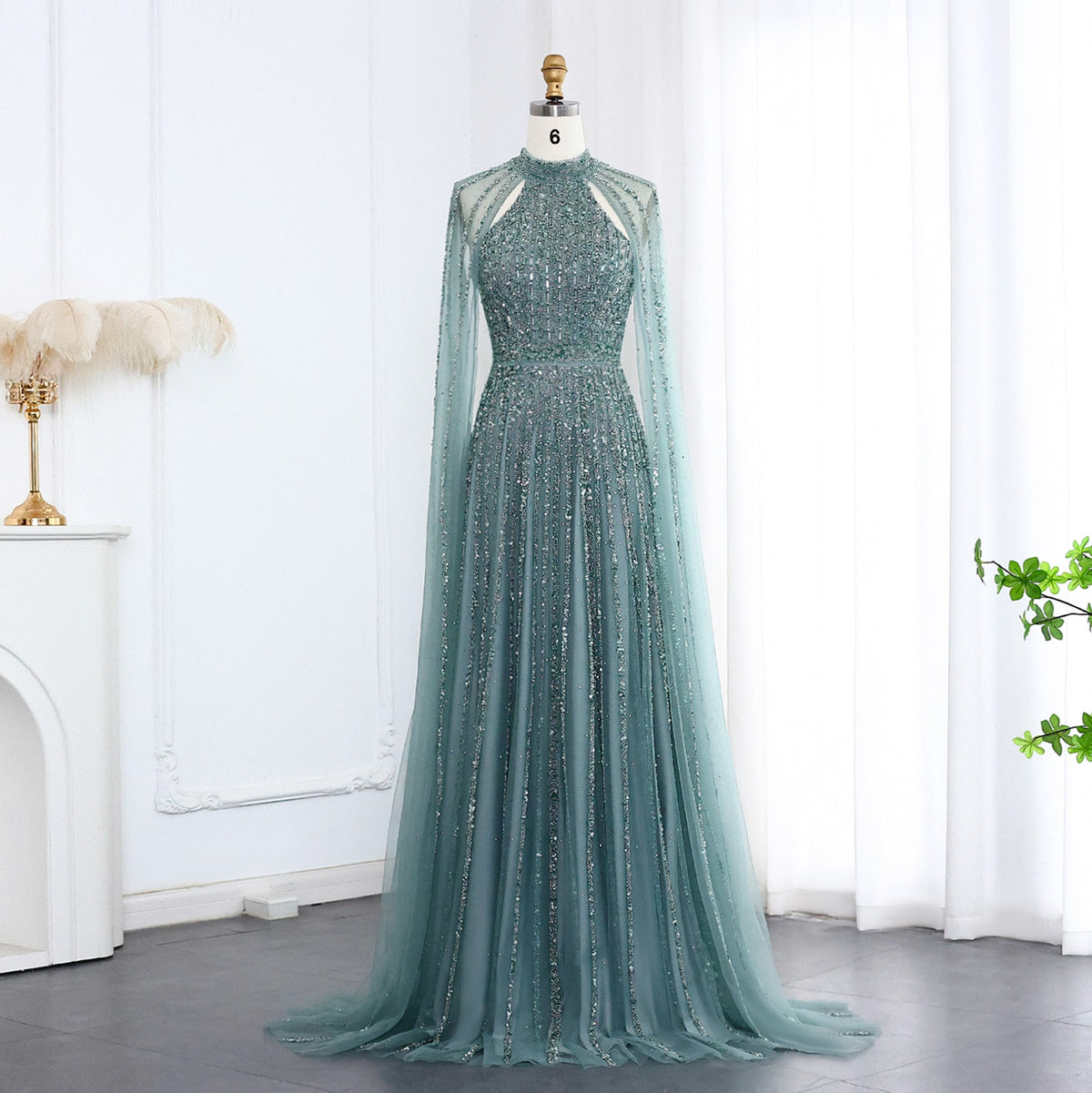 Luxury Beaded Turquoise Evening Dress with Cape SS085