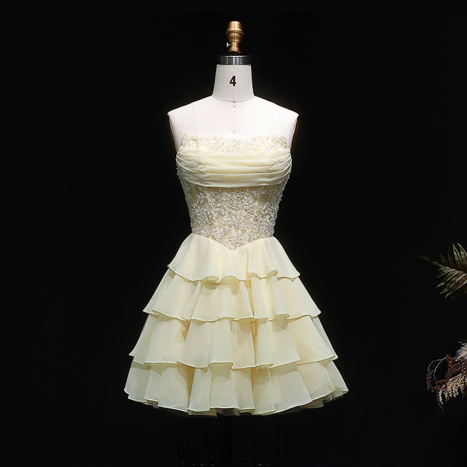 Glamorous Ruched Strapless Top Cascading Tier Homecoming Dress RM143
