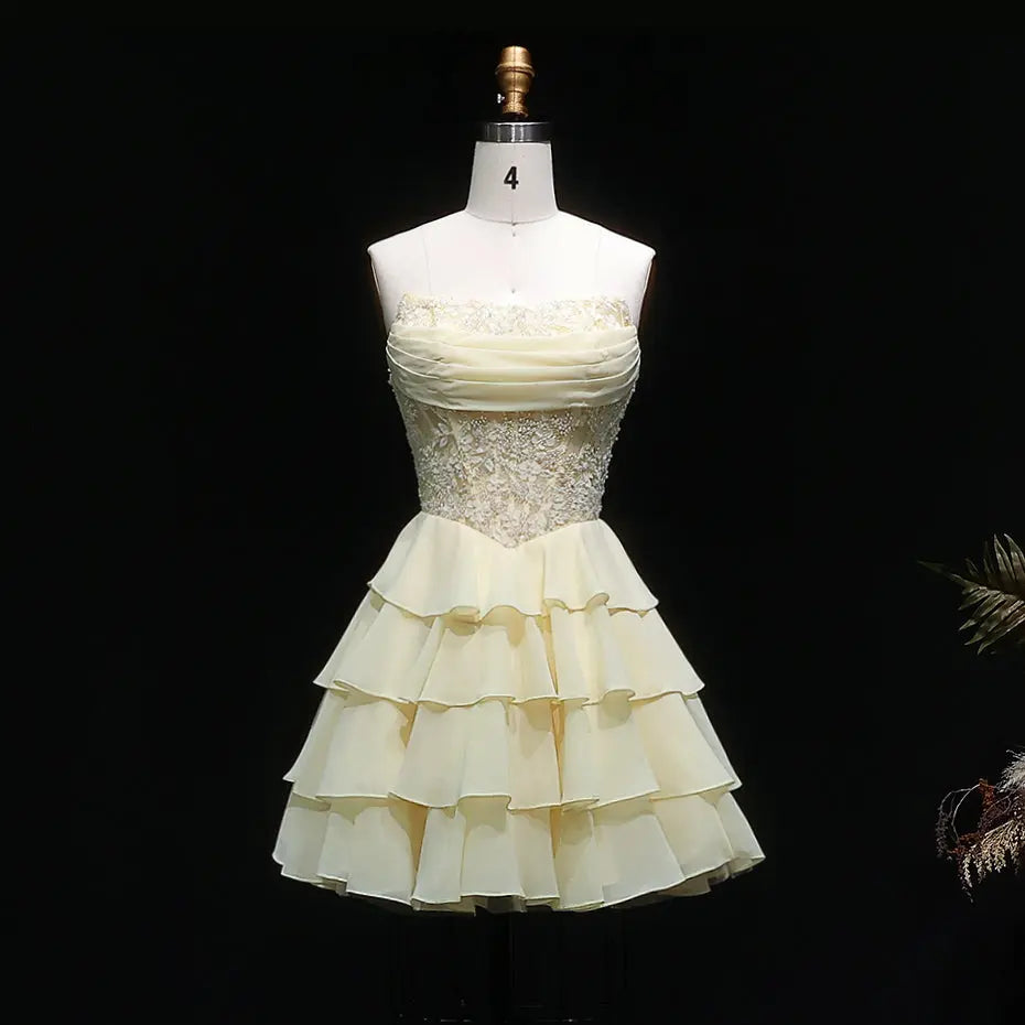 Glamorous Ruched Strapless Top Cascading Tier Homecoming Dress RM143