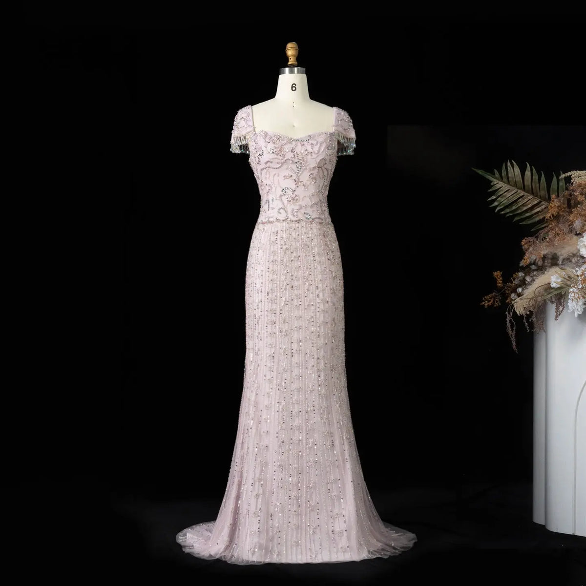 Pastel Pink Crystal Mermaid Evening Maxi Dress SS389