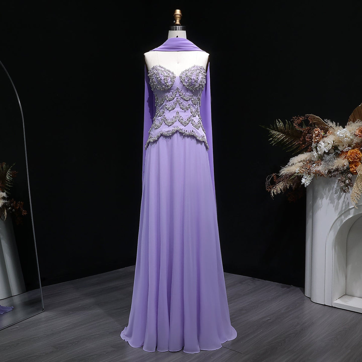 Luxury Purple Beaded Pearl Sweetheart Evening Dress with Scarf SS753 