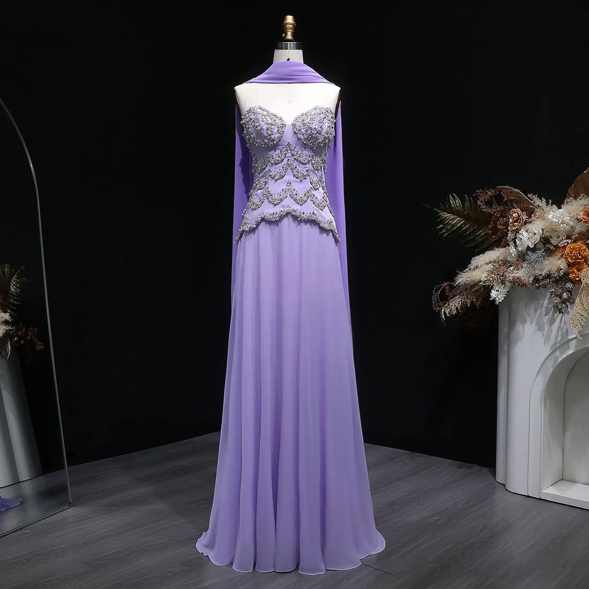 Luxury Purple Beaded Pearl Sweetheart Evening Dress with Scarf SS753 