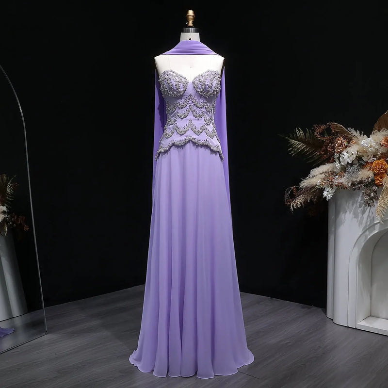 Luxury Purple Beaded Pearl Sweetheart Evening Dress with Scarf SS753 