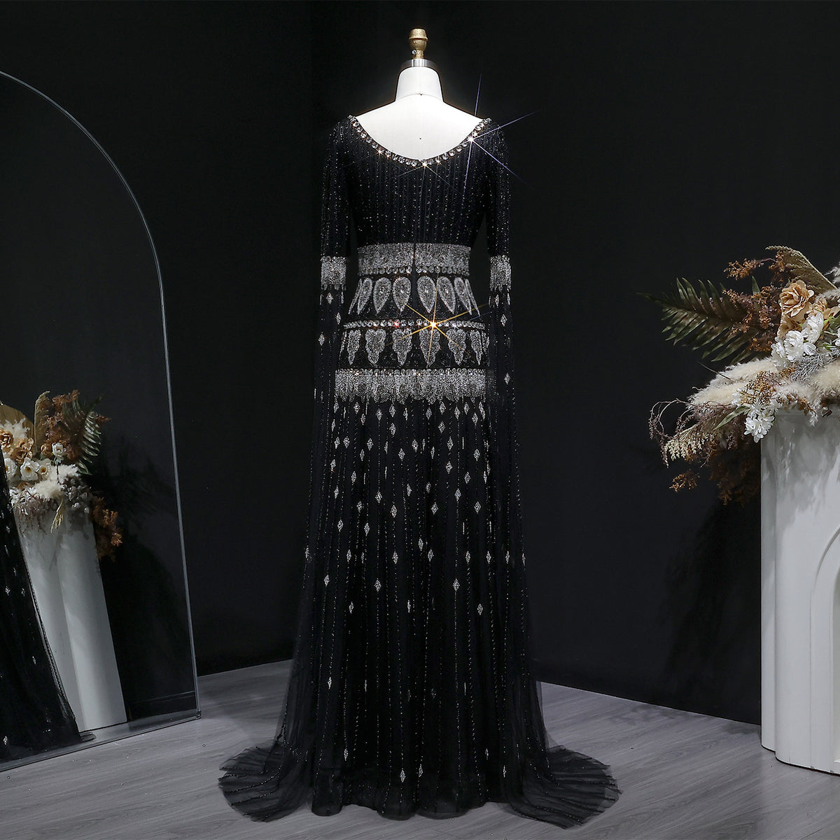 Luxury Purple Beaded Crystal Cape Sleeve Evening Dress SS009 