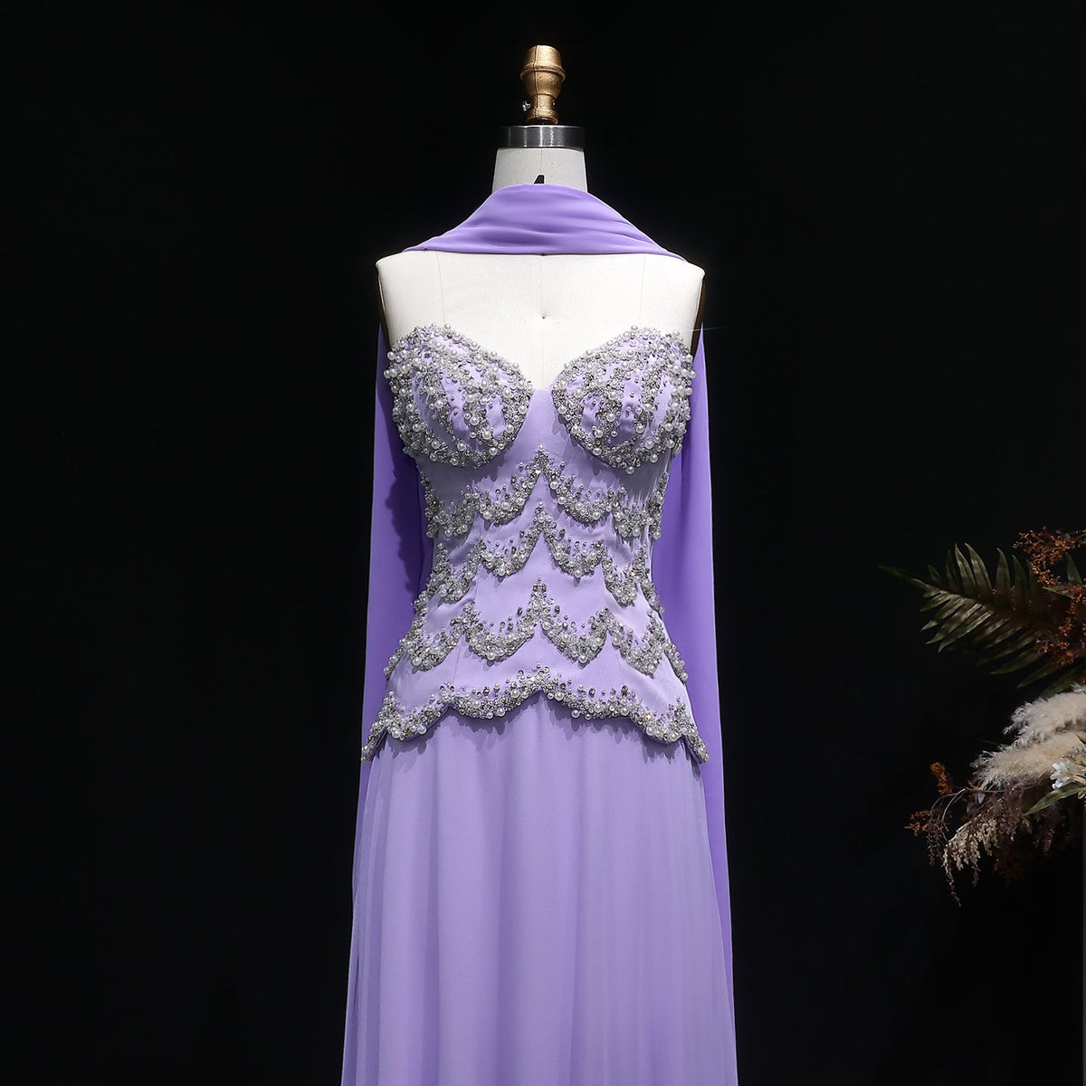 Luxury Purple Beaded Pearl Sweetheart Evening Dress with Scarf SS753 