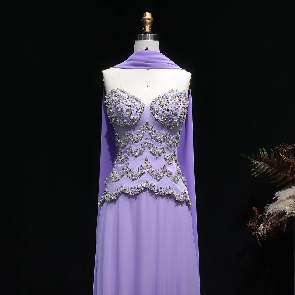 Luxury Purple Beaded Pearl Sweetheart Evening Dress with Scarf SS753 