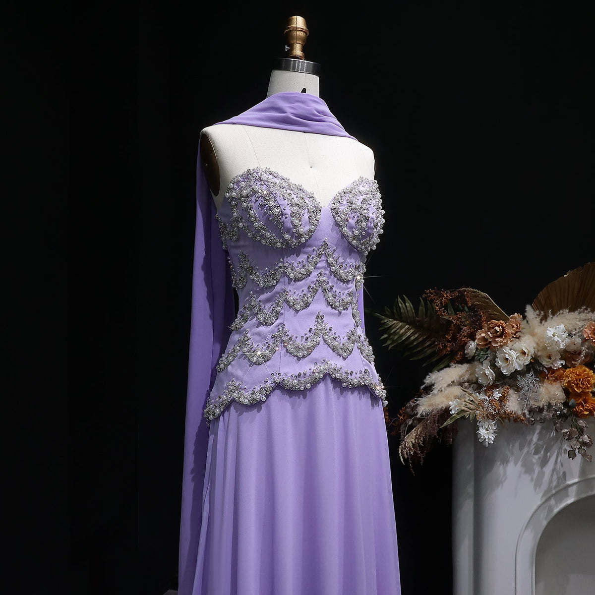Luxury Purple Beaded Pearl Sweetheart Evening Dress with Scarf SS753 