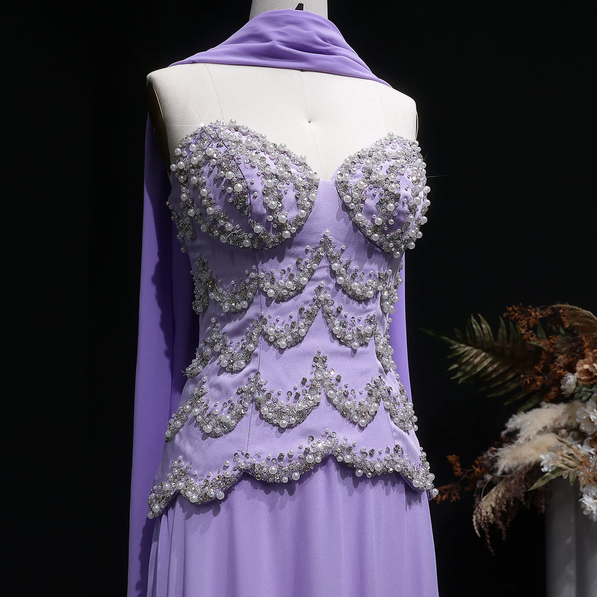 Luxury Purple Beaded Pearl Sweetheart Evening Dress with Scarf SS753 