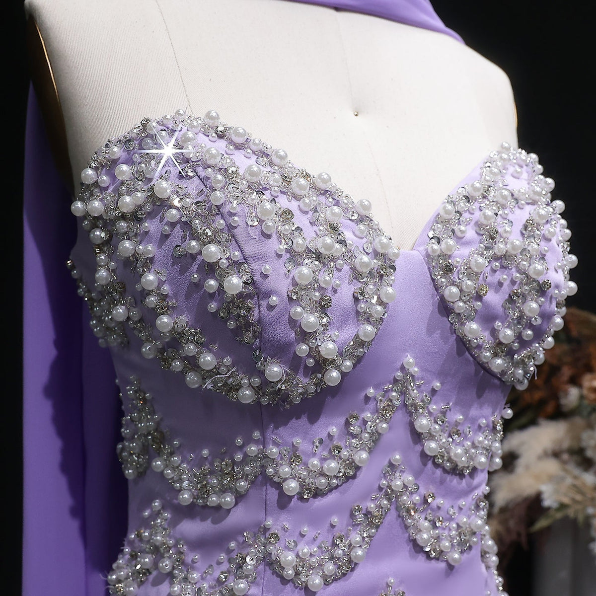 Luxury Purple Beaded Pearl Sweetheart Evening Dress with Scarf SS753 