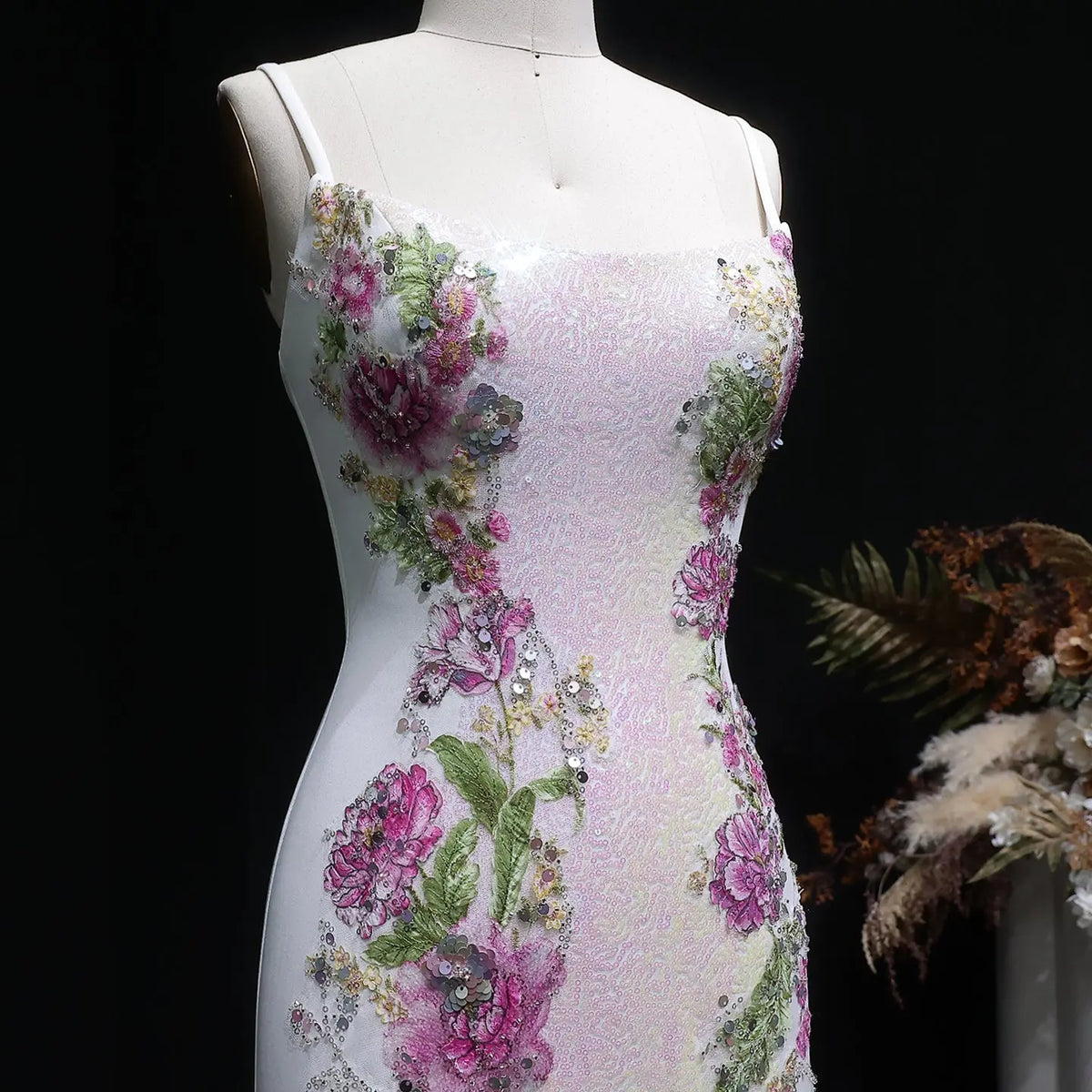 Luxury Pink Sequin Spaghetti Strap Beaded Embroidered Prom Dress SH062 