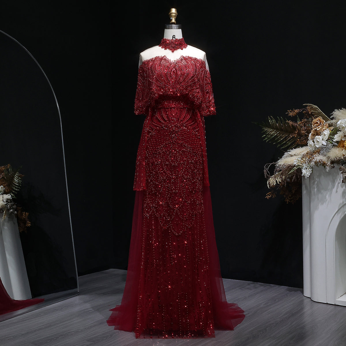 Luxury Gray Beaded Crystal Evening Dress with Cape SS557 