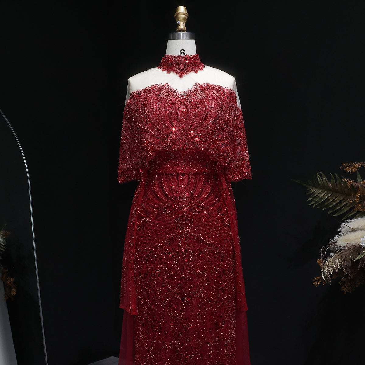 Luxury Gray Beaded Crystal Evening Dress with Cape SS557 